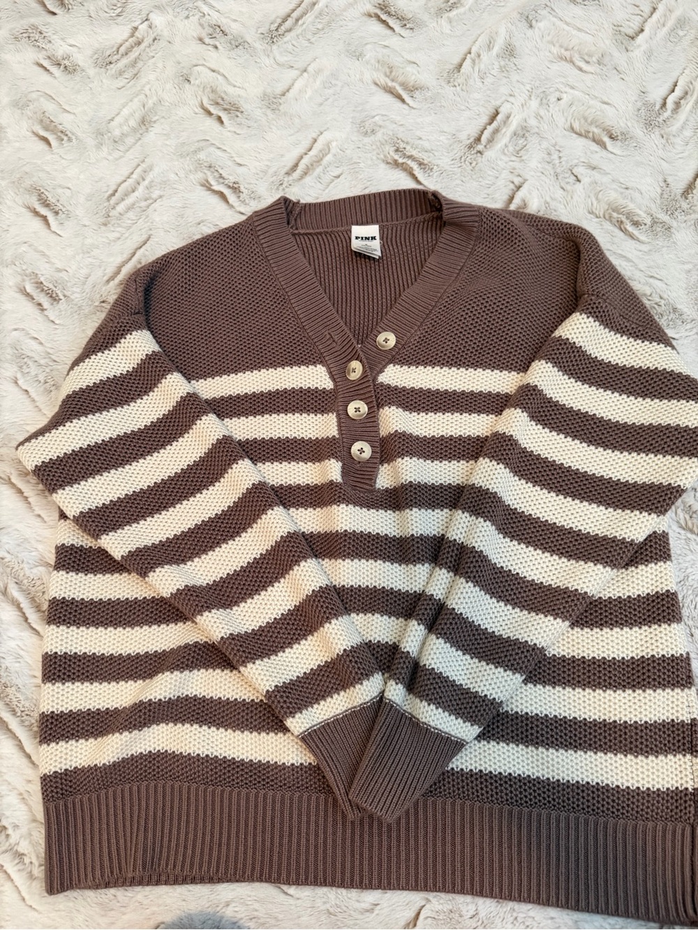 PINK Victoria's Secret Brown & Cream Striped V-Neck Henley Sweater